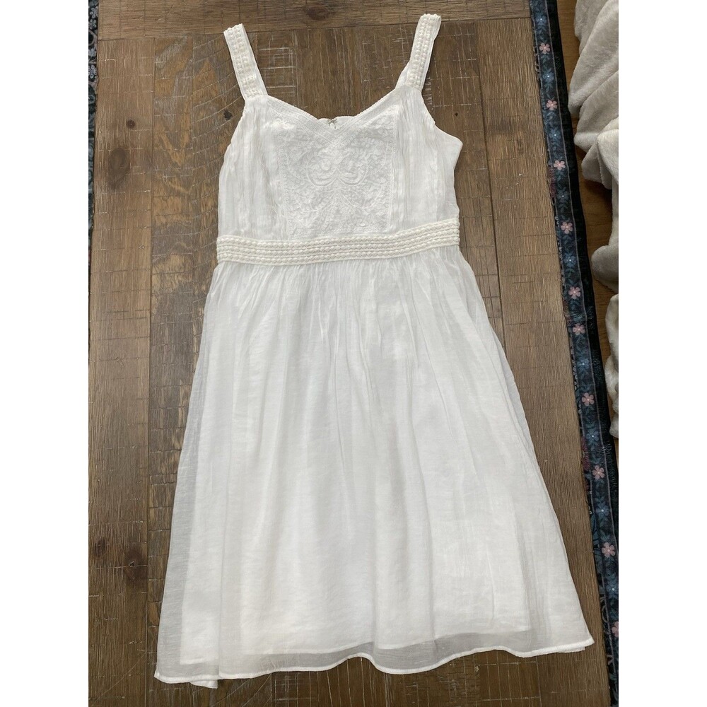 LOFT White Linen-Blend Midi Dress with Lace Bodice